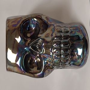 Iridescent Black Ceramic Skull Planter Vase Pot Gothic 6.5 Inches tall